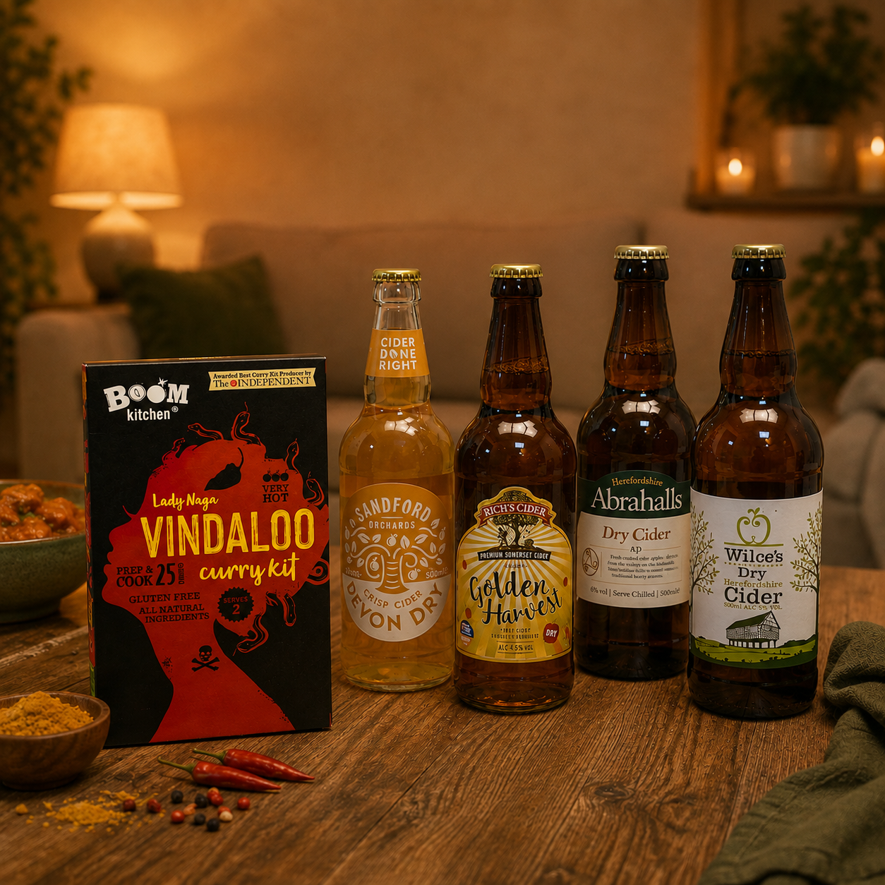 Cider and Curry Night In gift featuring cider and a curry kit